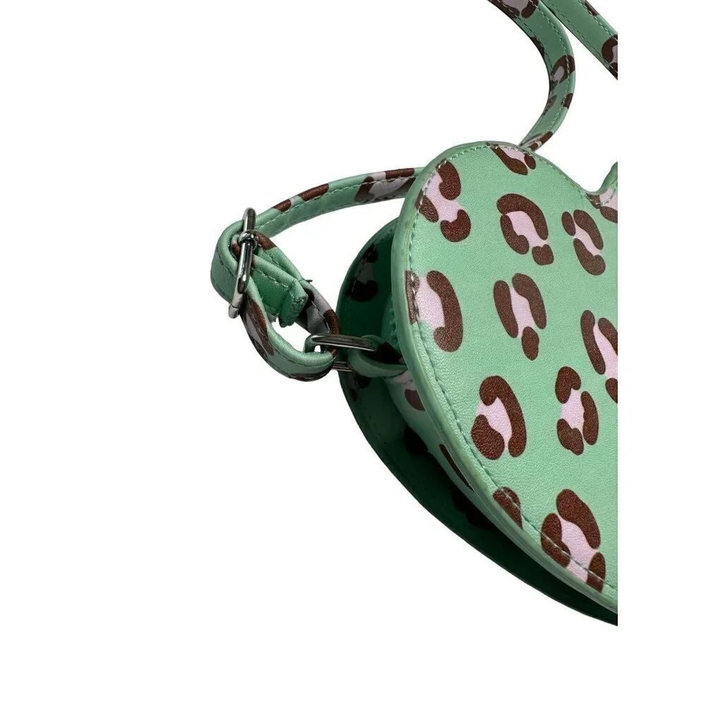 Mint green pink & brown leopard print‎ heart crossbody purse
